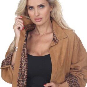 Vtg Reversible Soft Suede Jacket -Tan to Leopard Print-Collar, Pockets Sz. L/XL